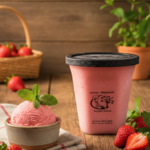Sorbet artisanal à la fraise associé à la menthe verte de la Maison Prouane