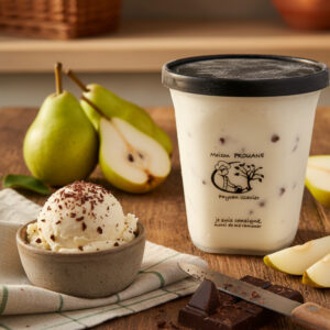 Sorbet Poire bio avec le croquant du chocolat noir à la ferme Maison Prouane, près de Pau